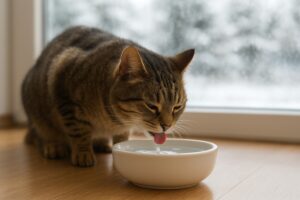 Brown tabby cat drinking water from a white bowl on a wooden floor in front of a snowy window.