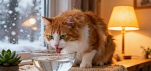 Orange and white cat with green eyes drinking water from a glass bowl on a cozy table near a window with falling snow outside.