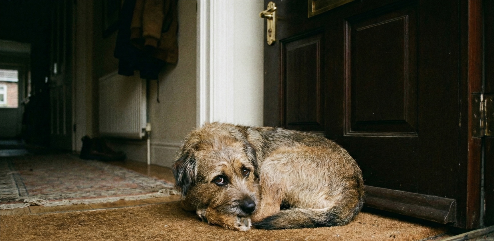 A sad dog looking out the window waiting for owner