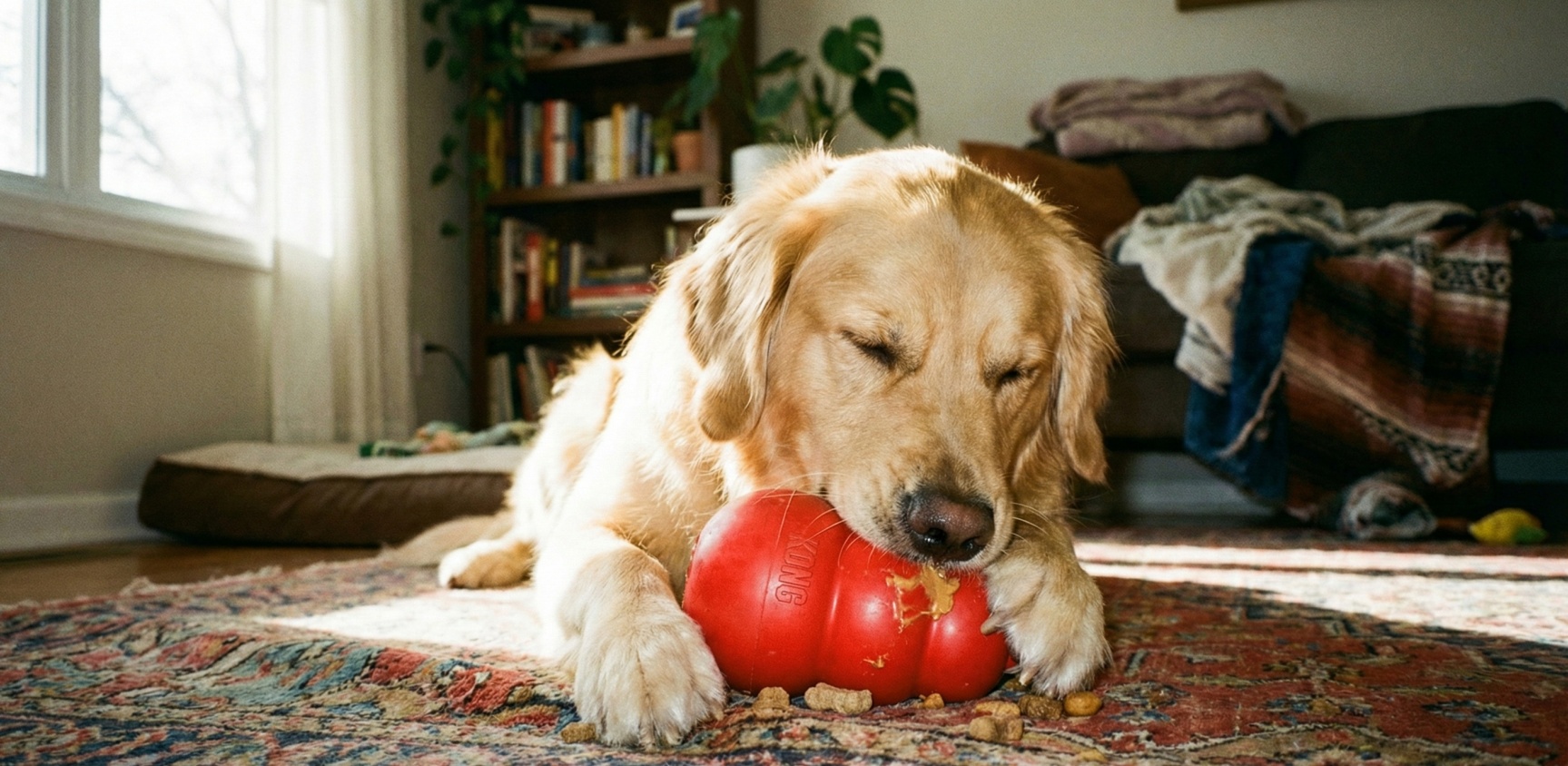 Dog busy playing with a food puzzle toy